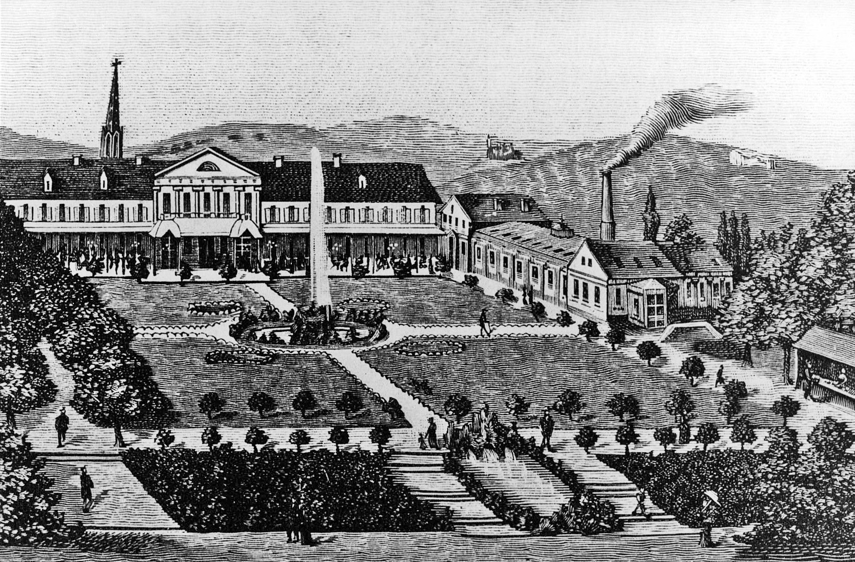 Figure 1: Oberer Kurgarten mit dem Stadthaus und dem einstöckigen Kurmittelhaus rechts daneben mit rauchendem Schlot. Die Kurkolonnade vor dem Stadthaus wurde 1883 errichtet. Ganz rechts an der Stelle des heutigen Kurparkhotels die Traubenhalle, wo der Kurgast frische Trauben für die Traubenkur erwerben konnte. Um 1883.